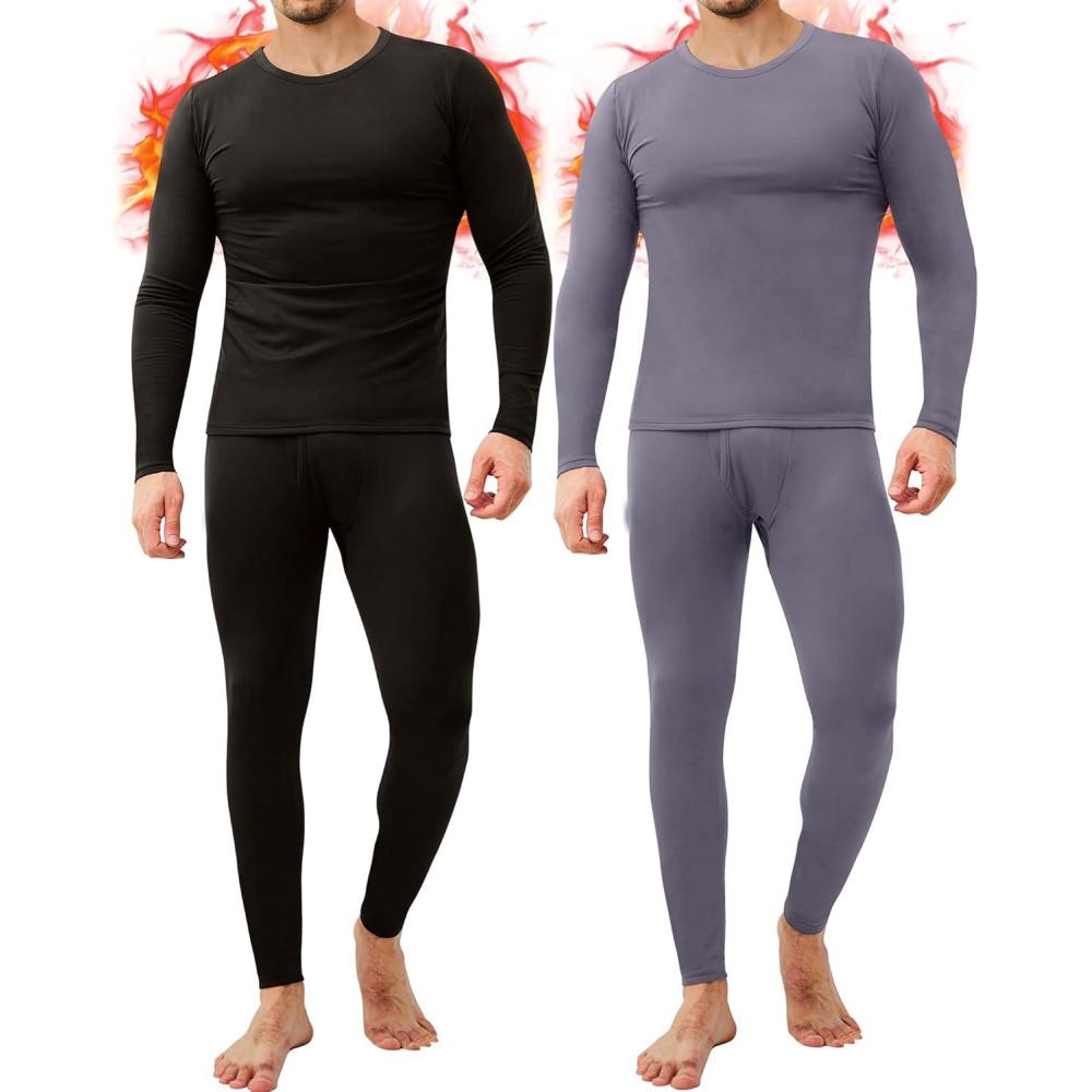 imageCL convallaria 2 Pack Thermal Underwear for Men Long Johns Fleece Lined Base Layer Set Winter Bottom Top 2XS6XLHeavyweightcrew NeckblackGrey