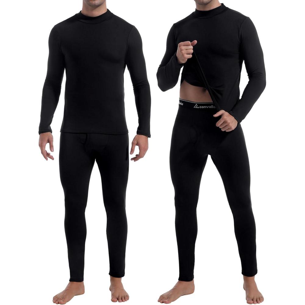 imageCL convallaria 2 Pack Thermal Underwear for Men Long Johns Fleece Lined Base Layer Set Winter Bottom Top 2XS6XLTurtle NeckmidweightblackBlack