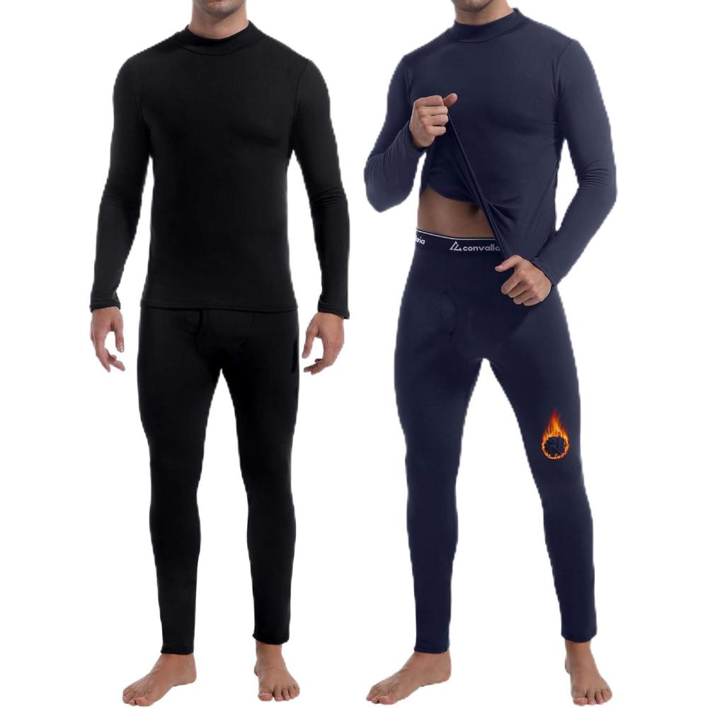imageCL convallaria 2 Pack Thermal Underwear for Men Long Johns Fleece Lined Base Layer Set Winter Bottom Top 2XS6XLTurtle NeckmidweightblackBlue
