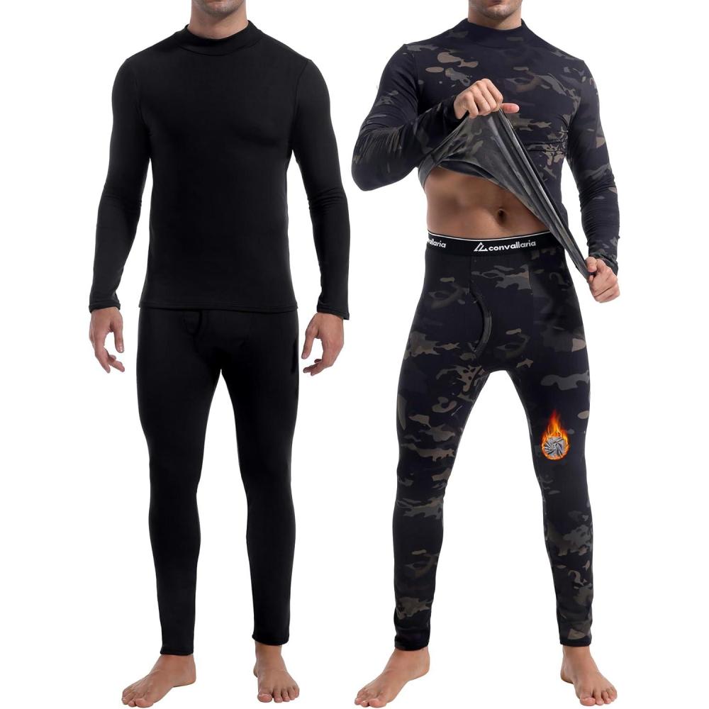 imageCL convallaria 2 Pack Thermal Underwear for Men Long Johns Fleece Lined Base Layer Set Winter Bottom Top 2XS6XLTurtle NeckmidweightblackCamo Black