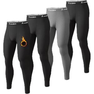 Men’s Thermal Pants Fleece Lined Long Johns Compression Bottom Athletic Base Layer Cold Weather Gear 1 2 4 Pcs(3 Black/Grey)