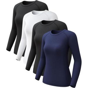 Women’s Thermal Athletic Shirts Long Sleeve Compression Baselayer Tops for Cold Weather 2 4 Pack, Medium, 2 Black White Blue