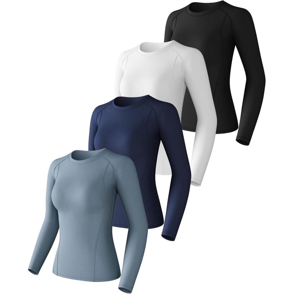 image:image4 Pack Womens Compression Shirt Cool Dry Long Short Sleeve Underscrub Workout Athletic Tops Baselayer for Yoga Gym RunningBlackwhitehaze Bluedeep Bluelong Sleeve