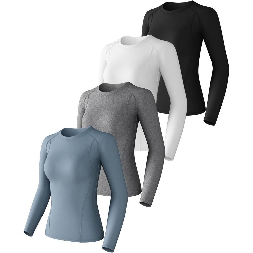 image:image4 Pack Womens Compression Shirt Cool Dry Long Short Sleeve Underscrub Workout Athletic Tops Baselayer for Yoga Gym RunningBlackwhitehaze Blueheather Light Graylong Sleeve