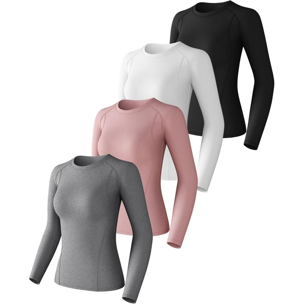 image:image4 Pack Womens Compression Shirt Cool Dry Long Short Sleeve Underscrub Workout Athletic Tops Baselayer for Yoga Gym RunningBlackwhiteheather Light Gray Gray Pinklong Sleeve