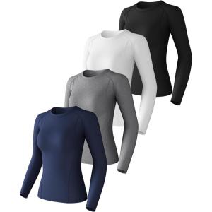 4 Pack Women’s Compression Shirt Cool Dry Long Short Sleeve Underscrub Workout Athletic Tops Baselayer for Yoga Gym Running(Black+white+deep Blue+heather Light Gray-long Sleeve)