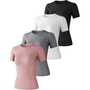 4 Pack Women’s Compression Shirt Cool Dry Long Short Sleeve Underscrub Workout Athletic Tops Baselayer for Yoga Gym Running(Black+white+heather Light Gray+ Gray Pink)