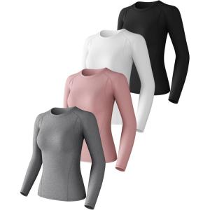 4 Pack Women’s Compression Shirt Cool Dry Long Short Sleeve Underscrub Workout Athletic Tops Baselayer for Yoga Gym Running(Black+white+heather Light Gray+ Gray Pink-long Sleeve)