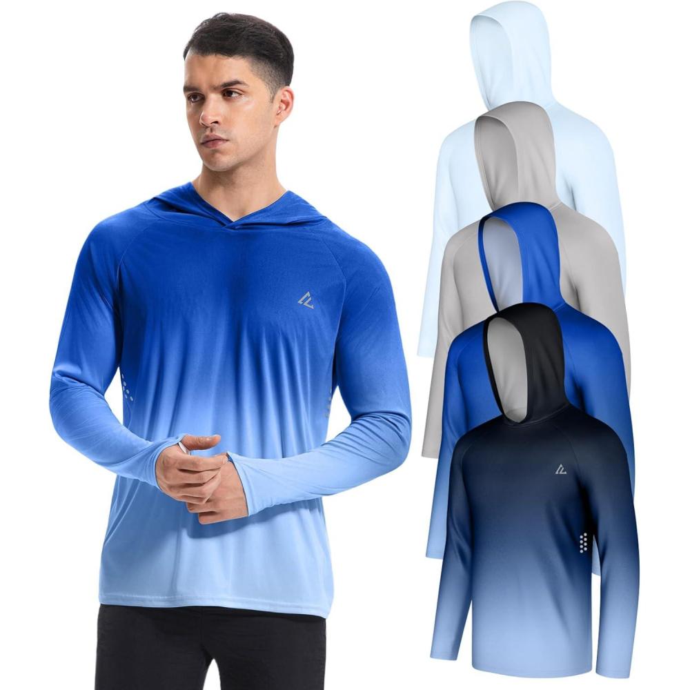 image:image4 Pack Mens UPF 50 Fishing Shirt Long Sleeve Sun Hoodie UV Protection Dry Fit Rash Guard Swim Athletic Workout Gym RunningLigth Blueligth Graygradient Blue Whitegradient Black