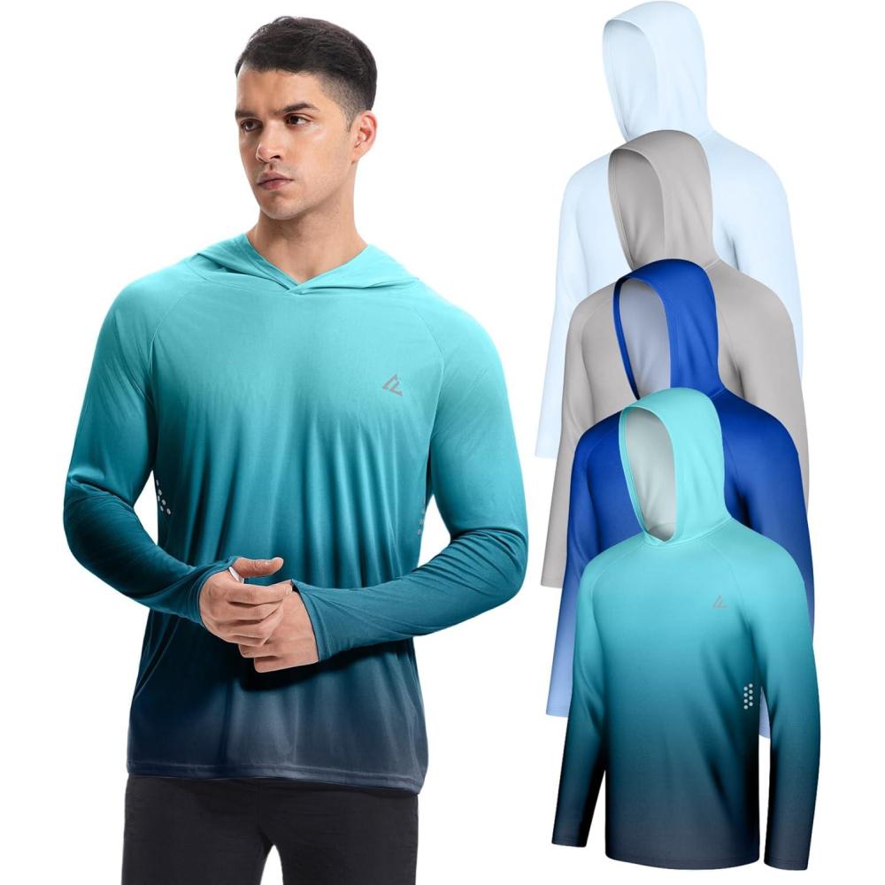 image:image4 Pack Mens UPF 50 Fishing Shirt Long Sleeve Sun Hoodie UV Protection Dry Fit Rash Guard Swim Athletic Workout Gym RunningLigth Blueligth Graygradient Blue Whitegradient Green Grey