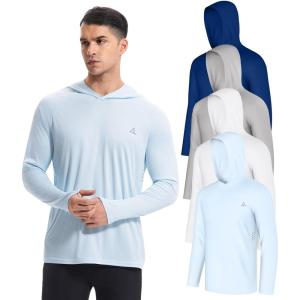 4 Pack Men’s UPF 50+ Fishing Shirt Long Sleeve Sun Hoodie UV Protection Dry Fit Rash Guard Swim Athletic Workout Gym Running(Ligth Blue-white-ligth Gray-purplish Blue)