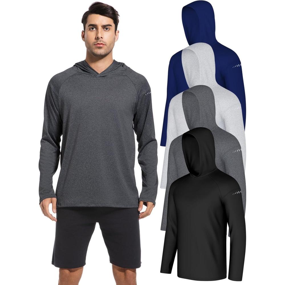 image:imageCL convallaria 4 Pack Mens Sun Hoodie UPF 50 Long Sleeve Fishing Shirts UV Protection Athletic Swim Thin Top Rash GuardBlackheather Deep Grayheather Light Graydeep Blue