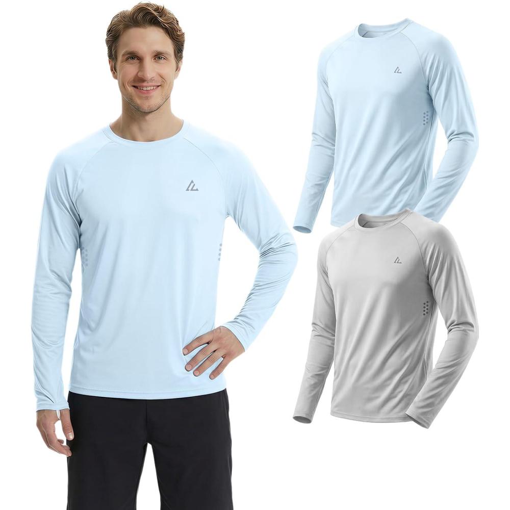 image:imageMens UPF 50 Long Sleeve Sun Shirts Uv Protection Fishing Rash Guard Dry Fit Moisture Wicking Tops Swim Workout 2 4 PackLigth Blueligth Gray