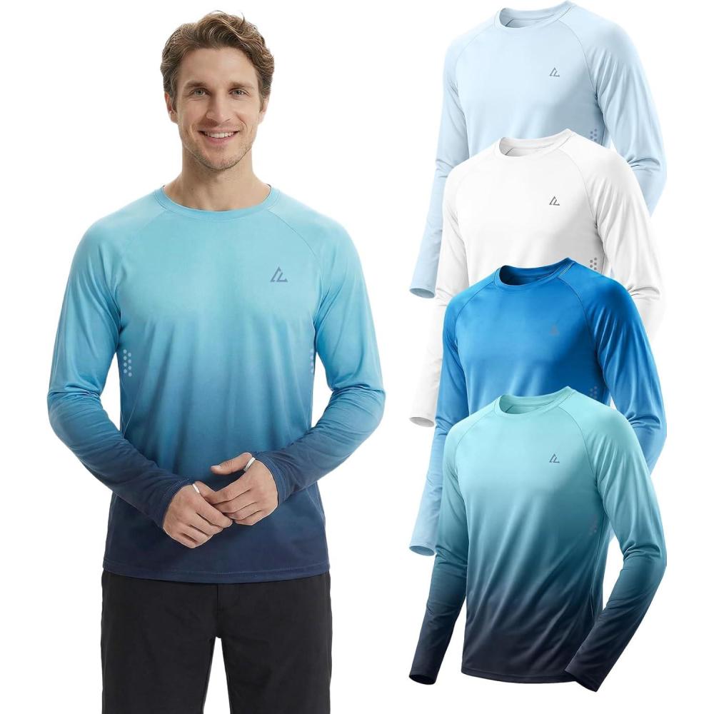 image:imageMens UPF 50 Long Sleeve Sun Shirts Uv Protection Fishing Rash Guard Dry Fit Moisture Wicking Tops Swim Workout 2 4 PackLigth Bluewhitegradient Blue Whitegradient Green Grey