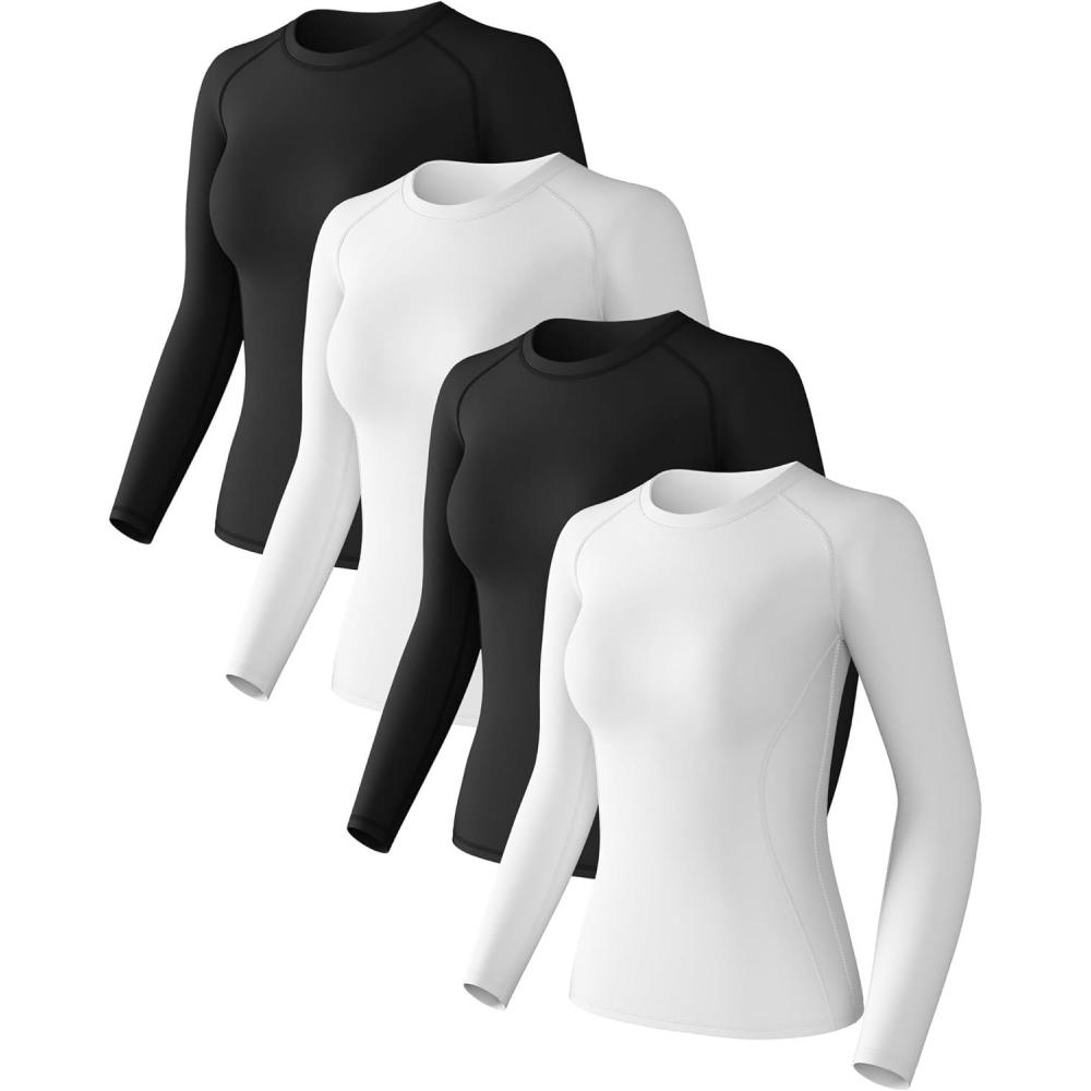 image:imageWomens Compression Shirts Short Sleeve Workout Tops Moisture Wicking Athletic TShirts for Gym Yoga Running 4 Pack2 Black2 White