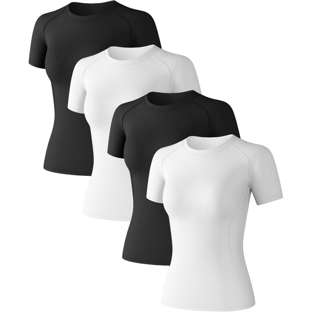 image:imageWomens Compression Shirts Short Sleeve Workout Tops Moisture Wicking Athletic TShirts for Gym Yoga Running 4 Pack2 Black2 Whiteshort Sleeve