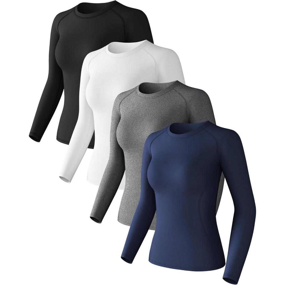 image:imageWomens Compression Shirts Short Sleeve Workout Tops Moisture Wicking Athletic TShirts for Gym Yoga Running 4 PackBlackwhitedark Blueheather Ligth Gray