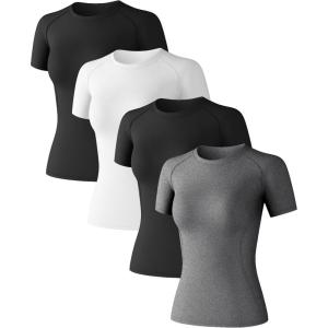 Women’s Compression Shirts Short Sleeve Workout Tops Moisture Wicking Athletic T-Shirts for Gym Yoga Running 4 Pack(2black+white+heather Ligth Gray-short)