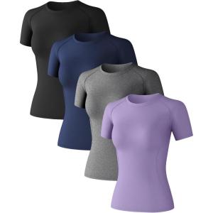 Women’s Compression Shirts Short Sleeve Workout Tops Moisture Wicking Athletic T-Shirts for Gym Yoga Running 4 Pack(Black+dark Blue+heather Ligth Gray+violet)