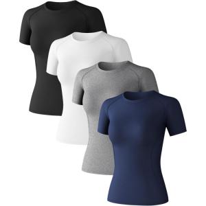 Women’s Compression Shirts Short Sleeve Workout Tops Moisture Wicking Athletic T-Shirts for Gym Yoga Running 4 Pack(Black+white+dark Blue+heather Ligth Gray-short)