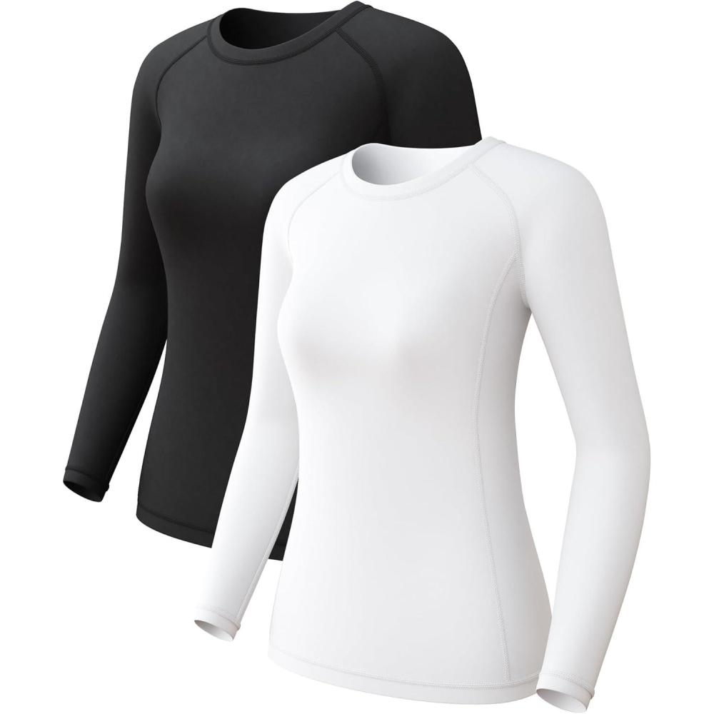 image:imageWomens Long Sleeve Compression Shirts Dry Fit Workout Athletic Sun Protection Cooling Tops for Yoga Running Gym 2 4 Pack2pcblackwhite
