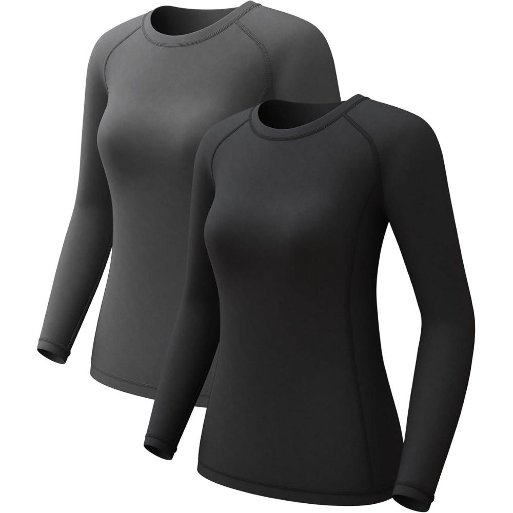 image:imageWomens Long Sleeve Compression Shirts Dry Fit Workout Athletic Sun Protection Cooling Tops for Yoga Running Gym 2 4 PackBlackDeep Grey