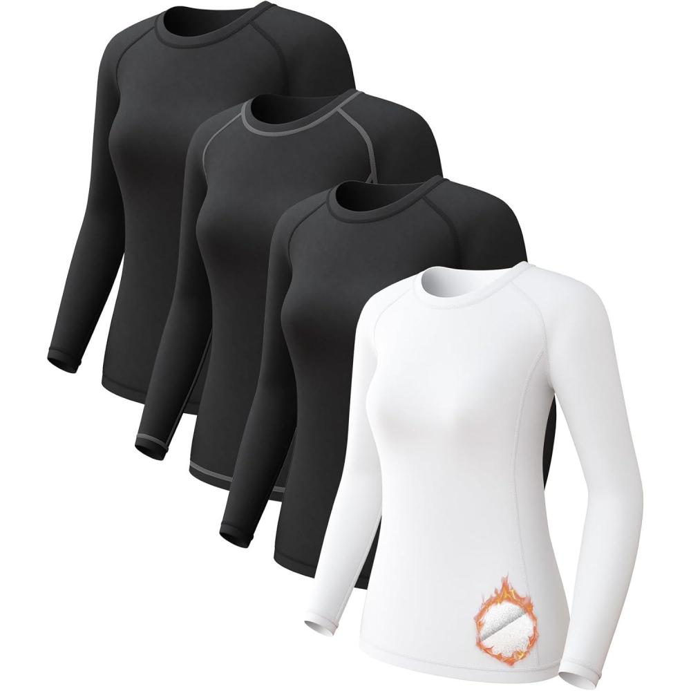 image:imageWomens Long Sleeve Compression Shirts Dry Fit Workout Athletic Sun Protection Cooling Tops for Yoga Running Gym 2 4 PackT2 BlackBlackwhiteWhite