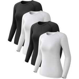 Women’s Long Sleeve Compression Shirts, Dry Fit Workout Athletic Sun Protection Cooling Tops for Yoga Running Gym 2 4 Pack(2 Black/2 White-a)
