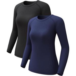Women’s Long Sleeve Compression Shirts, Dry Fit Workout Athletic Sun Protection Cooling Tops for Yoga Running Gym 2 4 Pack(2pc-black+blue)