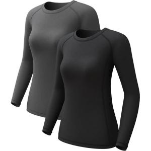 Women’s Long Sleeve Compression Shirts, Dry Fit Workout Athletic Sun Protection Cooling Tops for Yoga Running Gym 2 4 Pack(Black/Deep Grey)