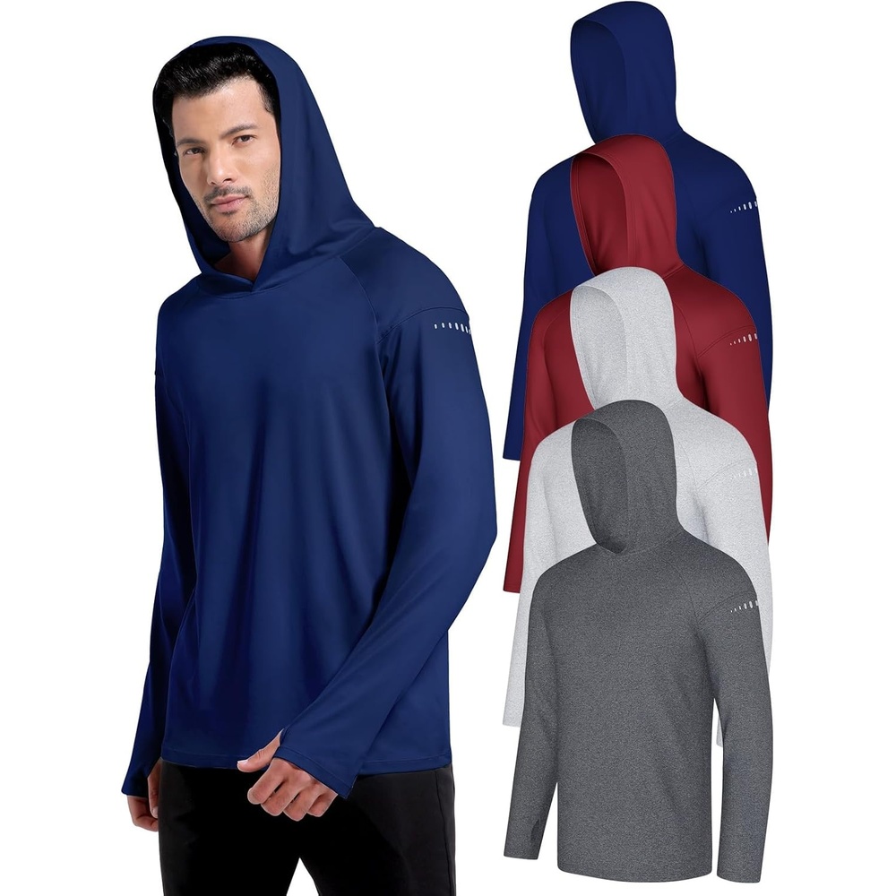 image:image4 Pack Mens Sun Hoodie UPF 50 Long Sleeve Fishing Shirts UV Protection Athletic Swim Thin Top Rash GuardHeather Deep Grayheather Light Graydeep Reddeep Blue