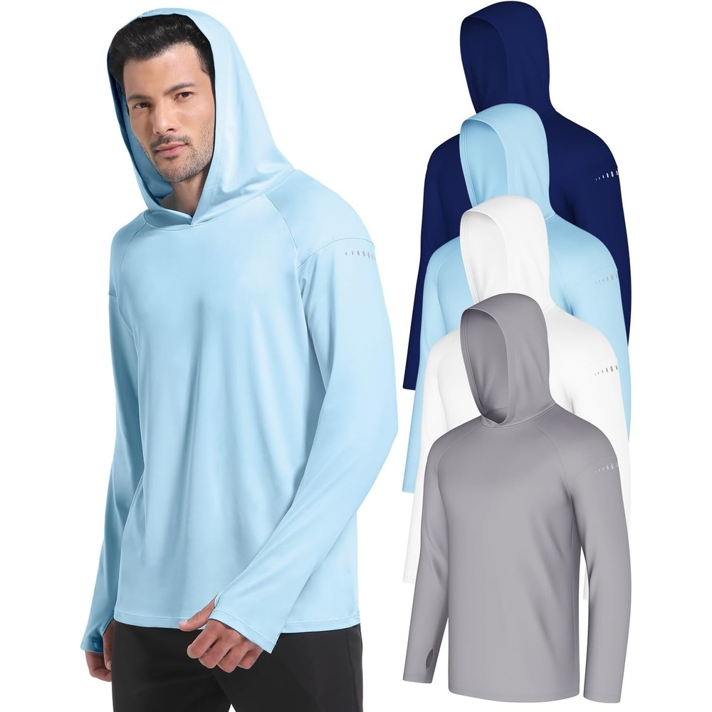 image:image4 Pack Mens Sun Hoodie UPF 50 Long Sleeve Fishing Shirts UV Protection Athletic Swim Thin Top Rash GuardLight Graywhitelight Bluedeep Blue