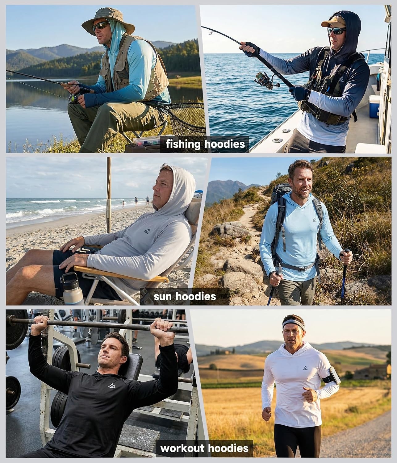 image:image4 Pack Mens UPF 50 Fishing Shirt Long Sleeve Sun Hoodie UV Protection Polyester Lightweight Breathable Stretchable Dry Fit Gradient Rash Guard Ideal for Swim Athletic Workout Gym RunningLigth Blueligth Graydeep Greydark Blue