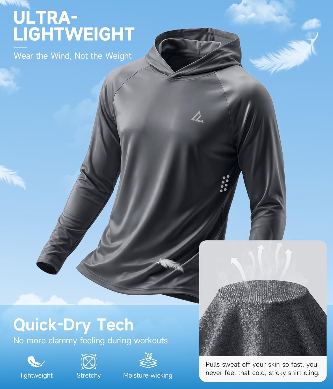 image:image4 Pack Mens UPF 50 Fishing Shirt Long Sleeve Sun Hoodie UV Protection Polyester Lightweight Breathable Stretchable Dry Fit Gradient Rash Guard Ideal for Swim Athletic Workout Gym RunningLigth Blueligth Graydeep Greydark Blue