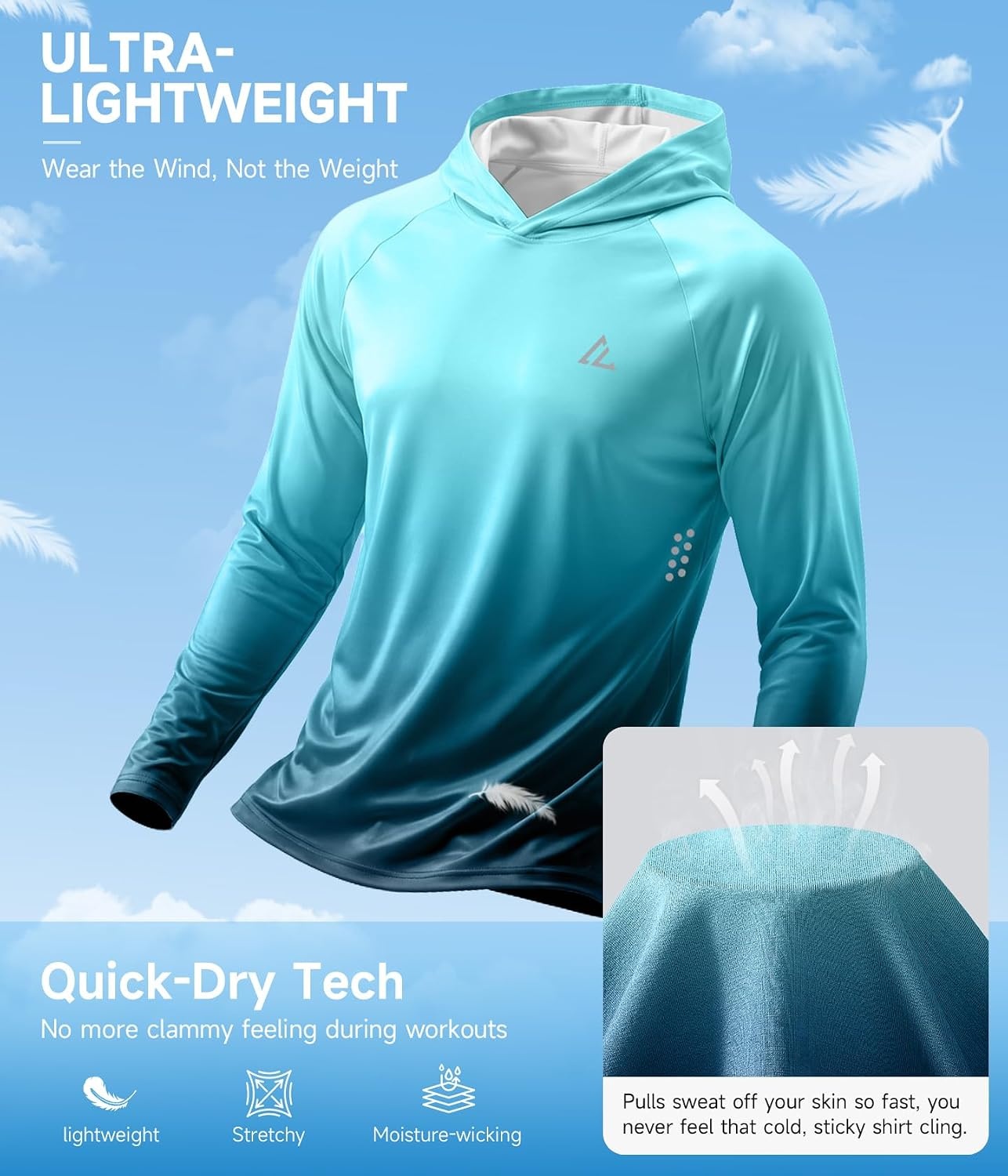 image:image4 Pack Mens UPF 50 Fishing Shirt Long Sleeve Sun Hoodie UV Protection Polyester Lightweight Breathable Stretchable Dry Fit Gradient Rash Guard Ideal for Swim Athletic Workout Gym RunningDeep Greyblackgradient Green Greygradient Black