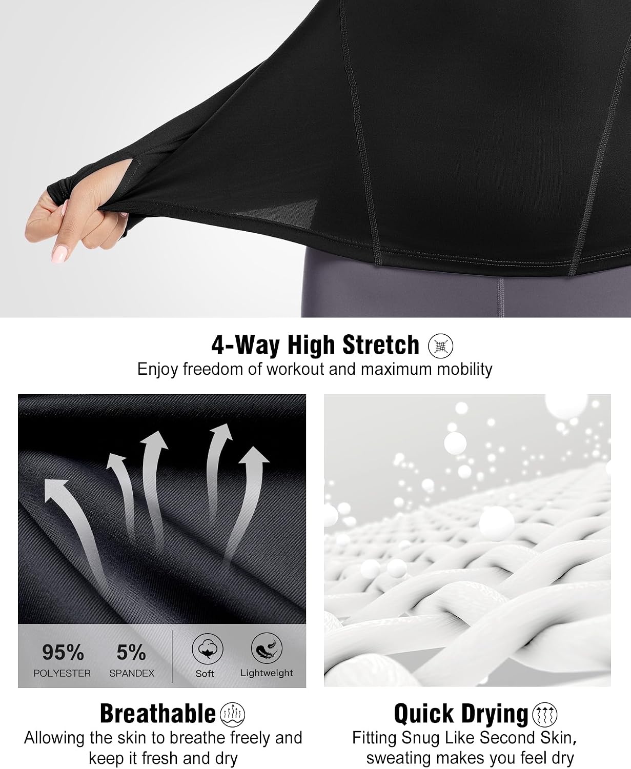image:imageWomens Compression Shirts Long Sleeve Workout Yoga Tops Sun Protection Running Athletic Undershirt 4 Pack2 Black2white