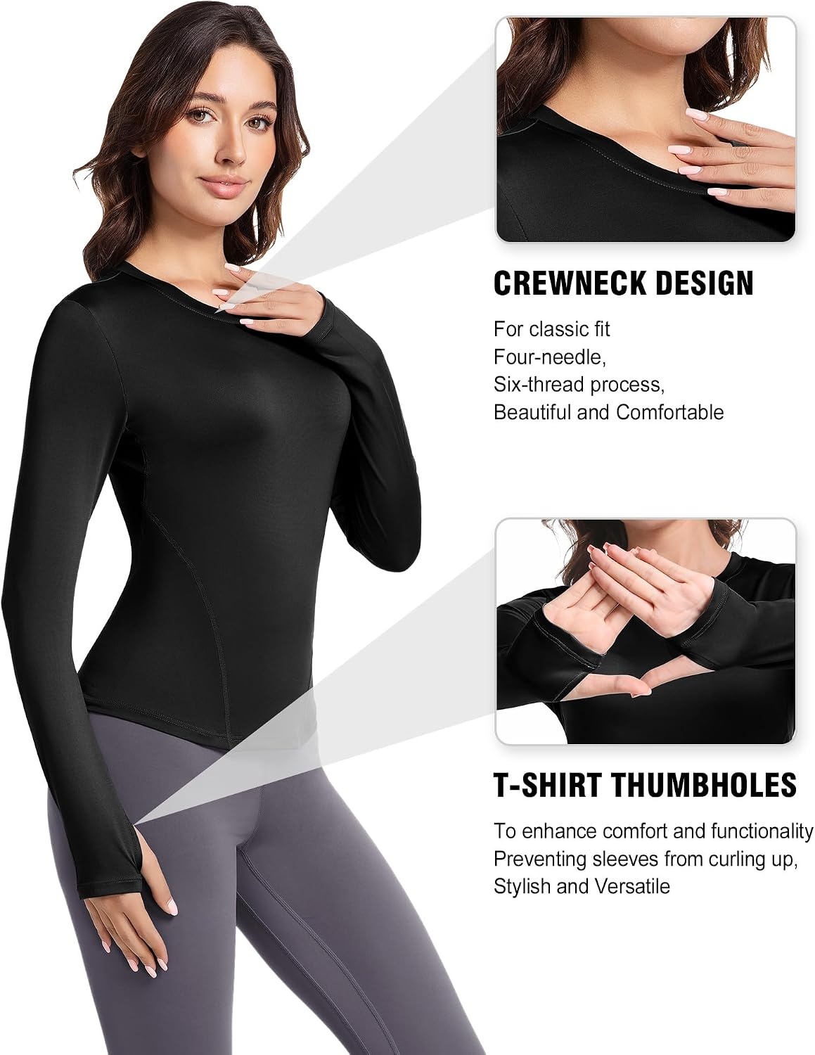 image:imageWomens Compression Shirts Long Sleeve Workout Yoga Tops Sun Protection Running Athletic Undershirt 4 Pack2 Black2white