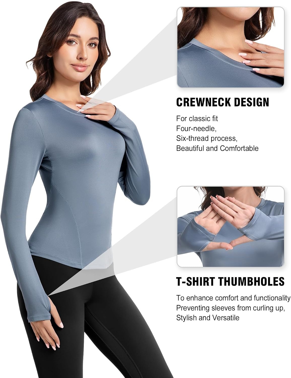 image:imageWomens Compression Shirts Long Sleeve Workout Yoga Tops Sun Protection Running Athletic Undershirt 4 PackBlackwhitehaze Bluedark Blue