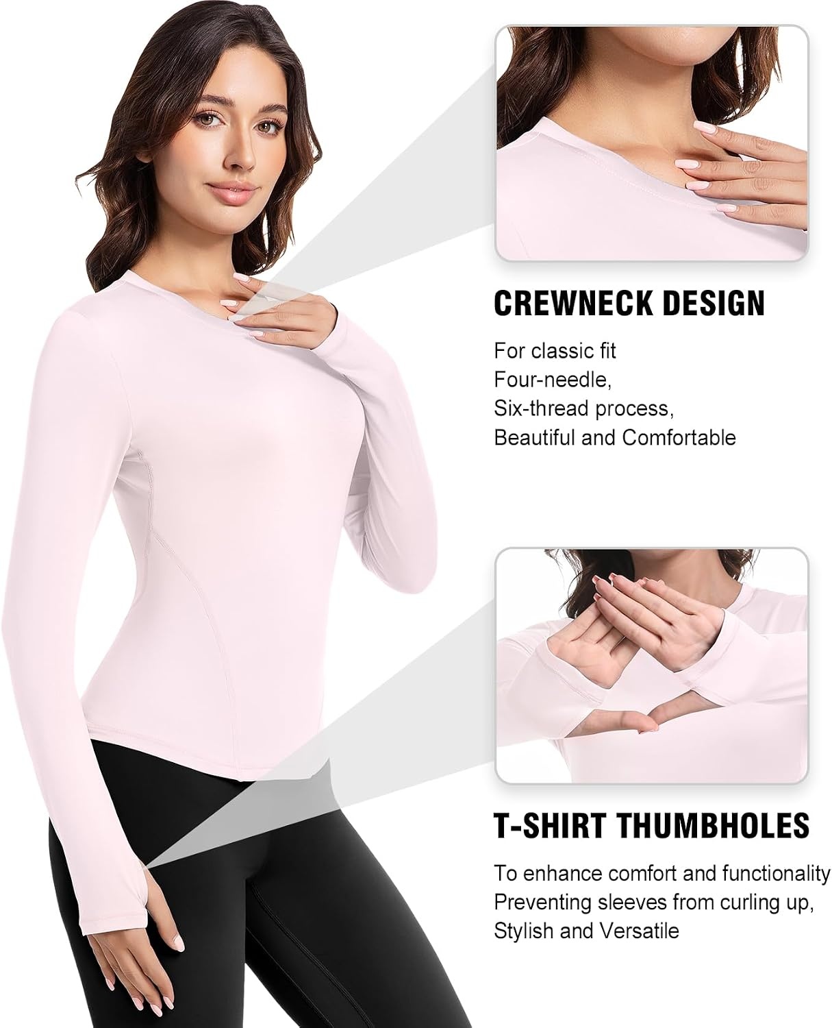 image:imageWomens Compression Shirts Long Sleeve Workout Yoga Tops Sun Protection Running Athletic Undershirt 4 PackBlackwhitehaze Bluelight Pink