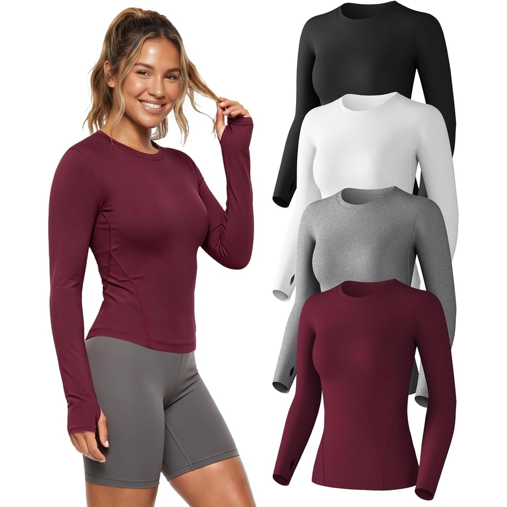 image:imageWomens Compression Shirts Long Sleeve Workout Yoga Tops Sun Protection Running Athletic Undershirt 4 PackBlackwhiteheather Ligth Graydark Red