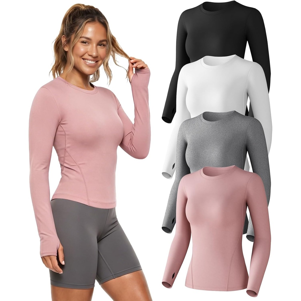 image:imageWomens Compression Shirts Long Sleeve Workout Yoga Tops Sun Protection Running Athletic Undershirt 4 PackBlackwhiteheather Ligth Graygray Pink