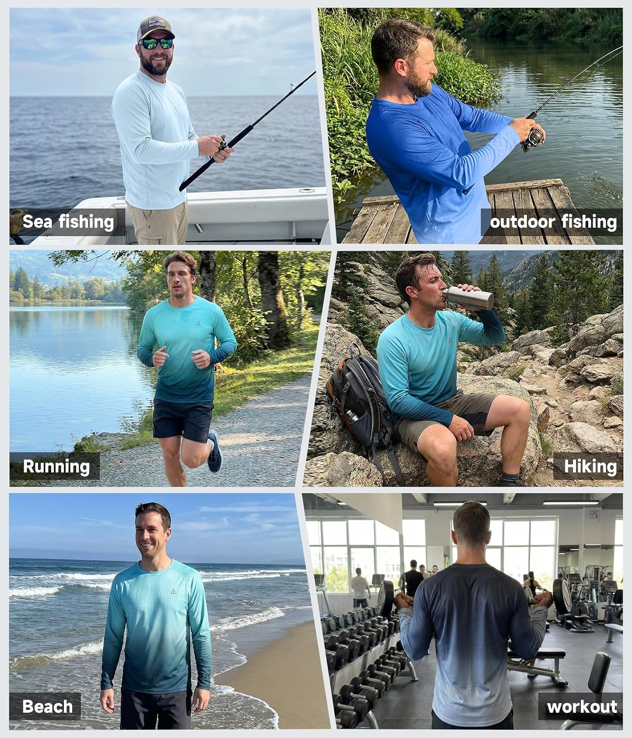 image:imageMens UPF 50 Long Sleeve Sun Shirts Fishing Rash Guard Uv Protection Tops Dry fit spf moisture wicking breathable performance cooling pfg sunscreen undershirts for swim workout running beachLigth Bluewhitegradient Blue Whitegradient Green Grey