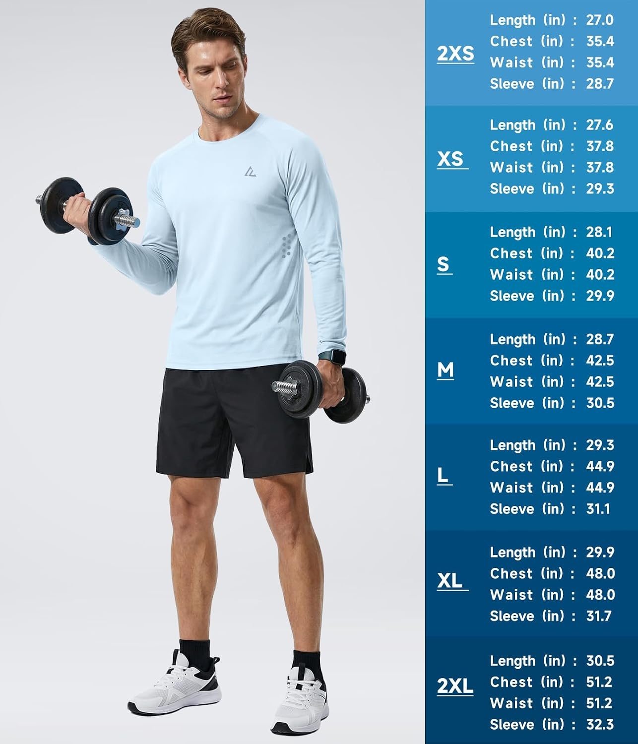 image:imageMens UPF 50 Long Sleeve Sun Shirts Fishing Rash Guard Uv Protection Tops Dry fit spf moisture wicking breathable performance cooling pfg sunscreen undershirts for swim workout running beachLigth Bluewhite