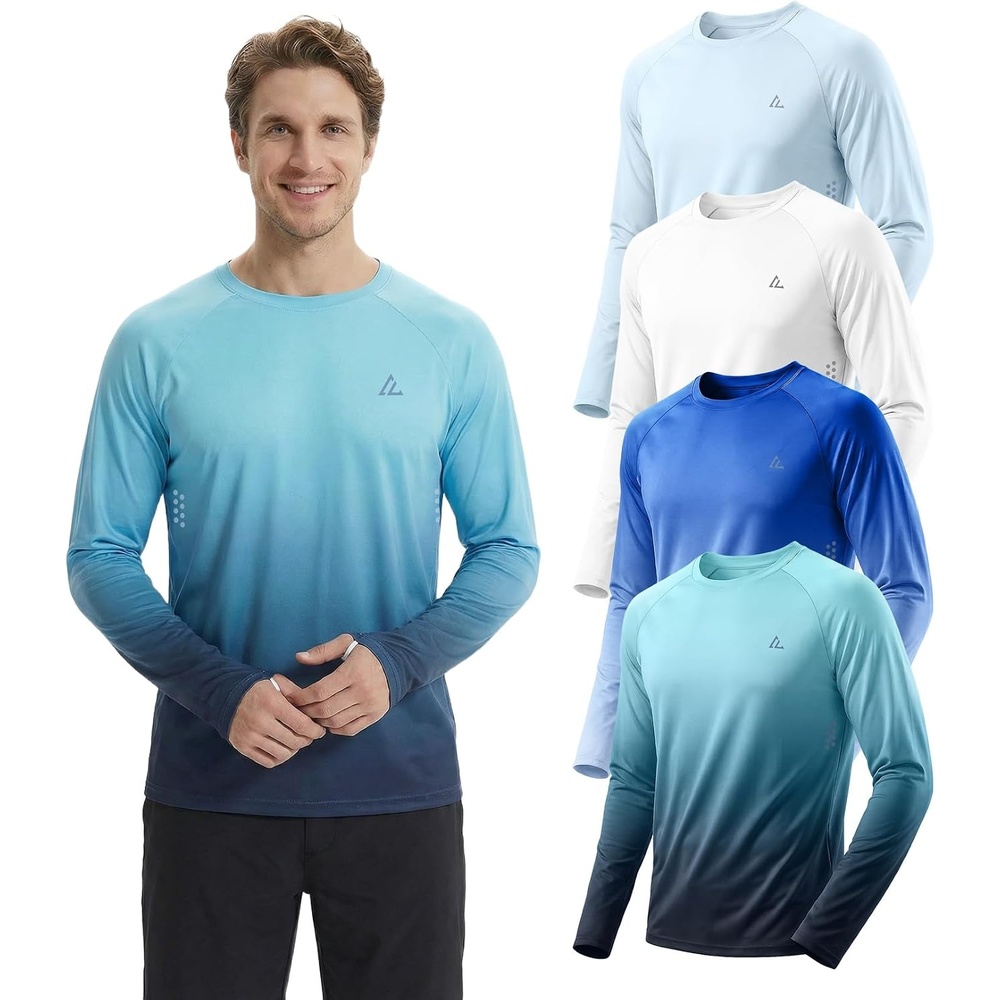 image:imageMens UPF 50 Long Sleeve Sun Shirts Fishing Rash Guard Uv Protection Tops Dry fit spf moisture wicking breathable performance cooling pfg sunscreen undershirts for swim workout running beachLigth Bluewhitegradient Blue Whitegradient Green Grey