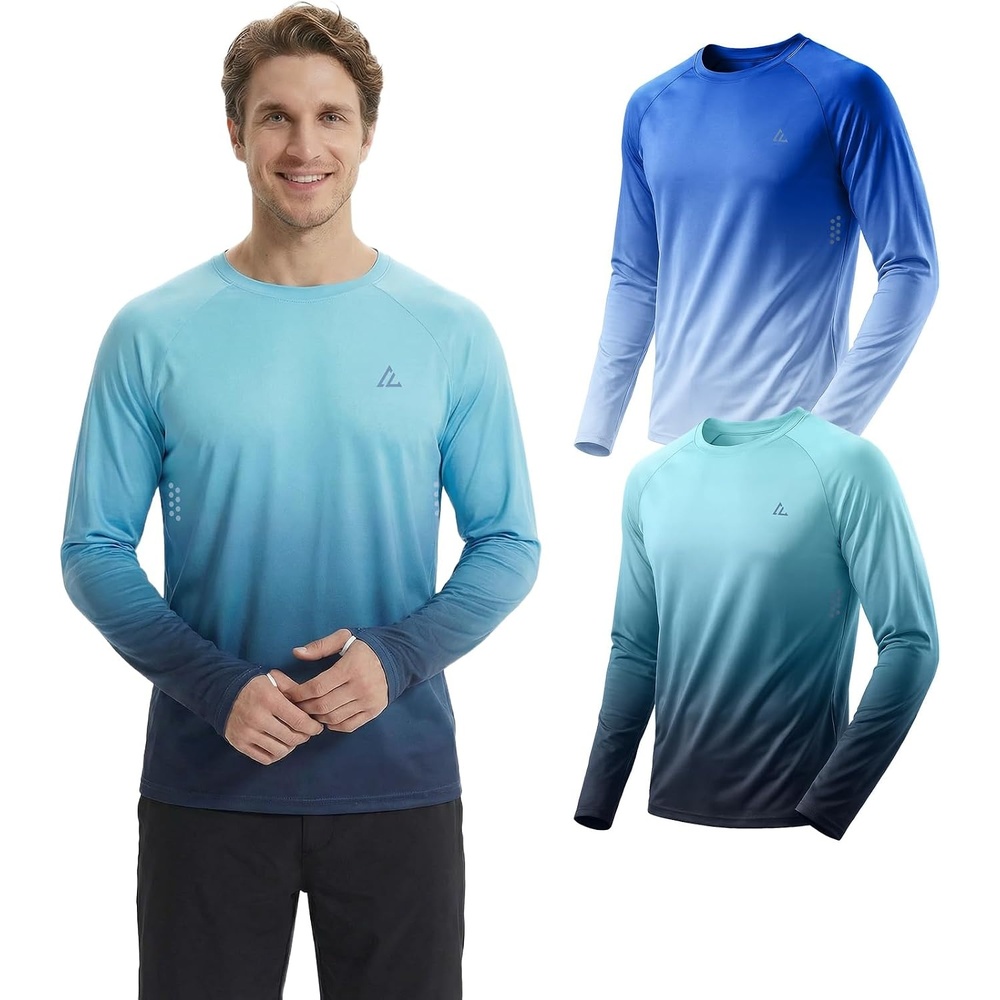 image:imageMens UPF 50 Long Sleeve Sun Shirts Fishing Rash Guard Uv Protection Tops Dry fit spf moisture wicking breathable performance cooling pfg sunscreen undershirts for swim workout running beachGradient Blue Whitegradient Green Grey