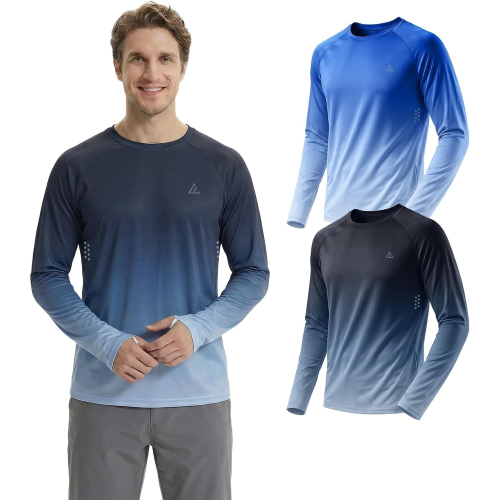 image:imageMens UPF 50 Long Sleeve Sun Shirts Fishing Rash Guard Uv Protection Tops  Dry fit spf moisture wicking breathable performance cooling pfg sunscreen undershirts for swim workout running beachGradient Blue Whitegradient Black