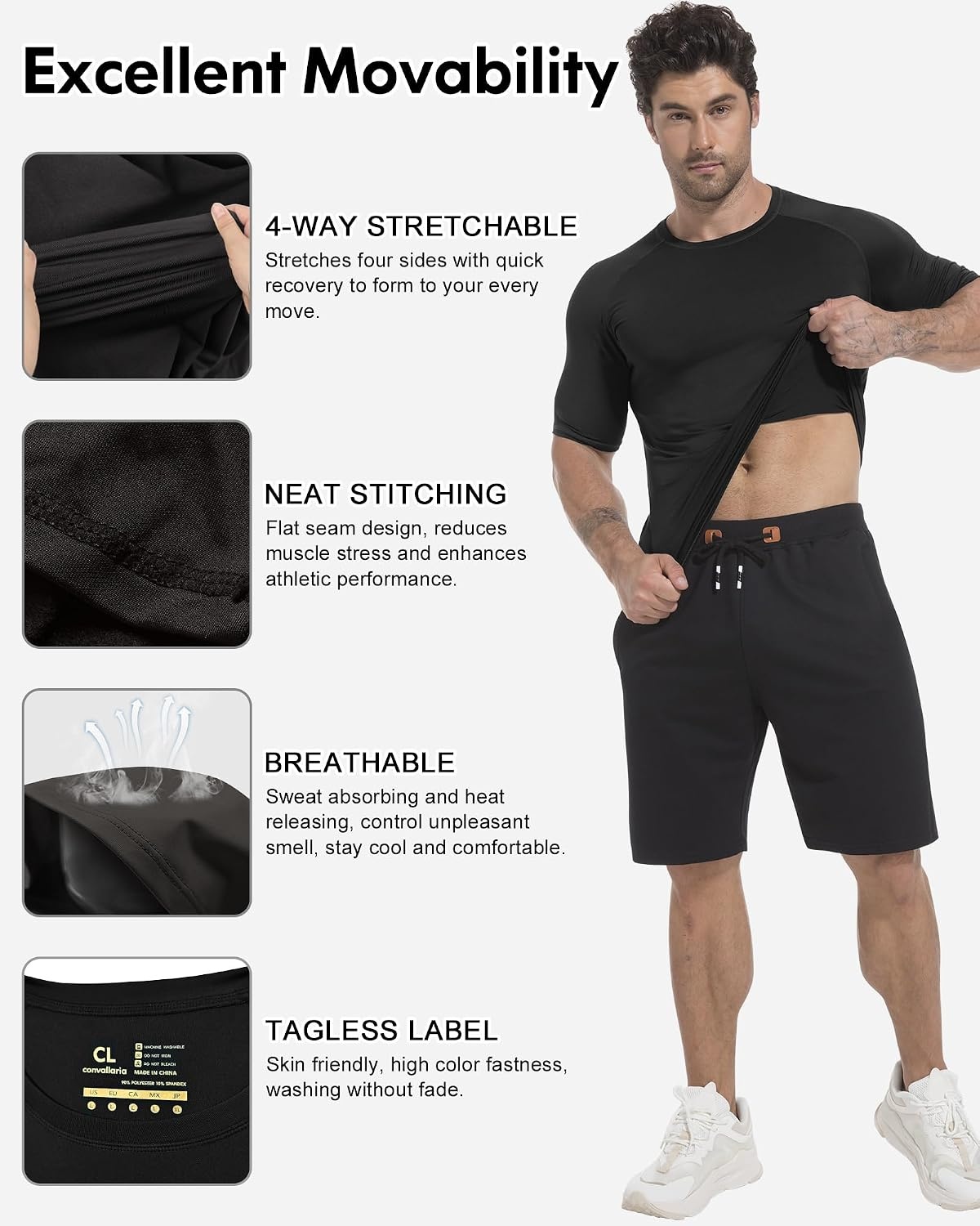 image:imageCL convallaria Compression Shirt Men Long Short Sleeve Workout Rash Guard Dry fit moisture wicking cool undershirt breathable stretch tight lightweight tshirts for athletic gym basketballA2black2whitegrey