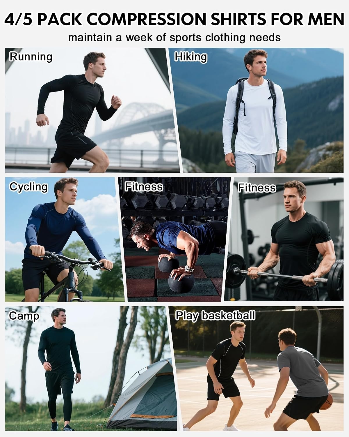 image:imageCL convallaria Compression Shirt Men Long Short Sleeve Workout Rash Guard Dry fit moisture wicking cool undershirt breathable stretch tight lightweight tshirts for athletic gym basketballA2black2whitegrey