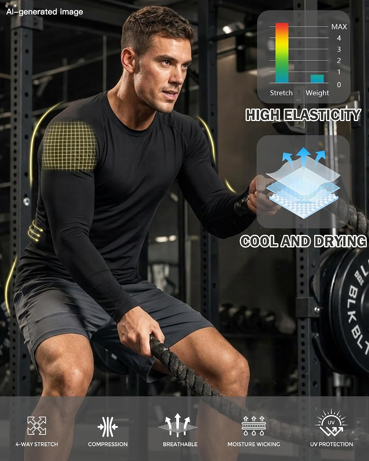 image:imageCL convallaria Compression Shirt Men Long Short Sleeve Workout Rash Guard Dry fit moisture wicking cool undershirt breathable stretch tight lightweight tshirts for athletic gym basketballC5black