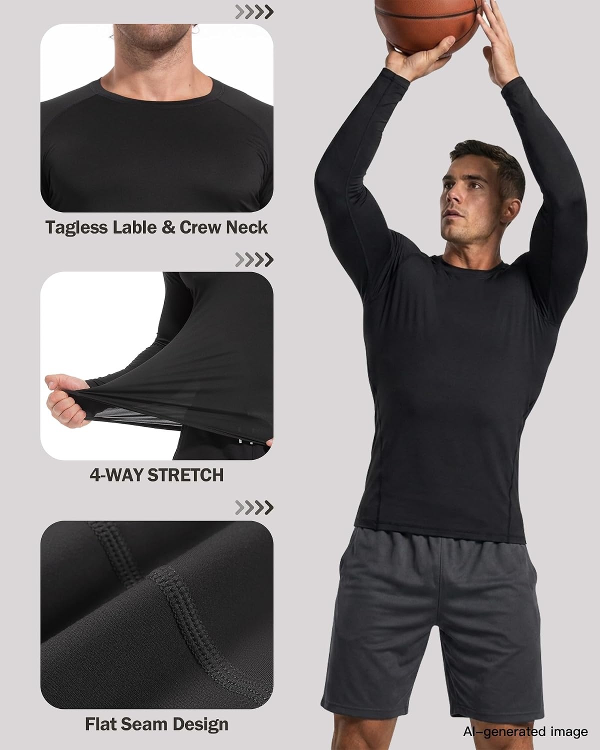 image:imageCL convallaria Compression Shirt Men Long Short Sleeve Workout Rash Guard Dry fit moisture wicking cool undershirt breathable stretch tight lightweight tshirts for athletic gym basketballC5black